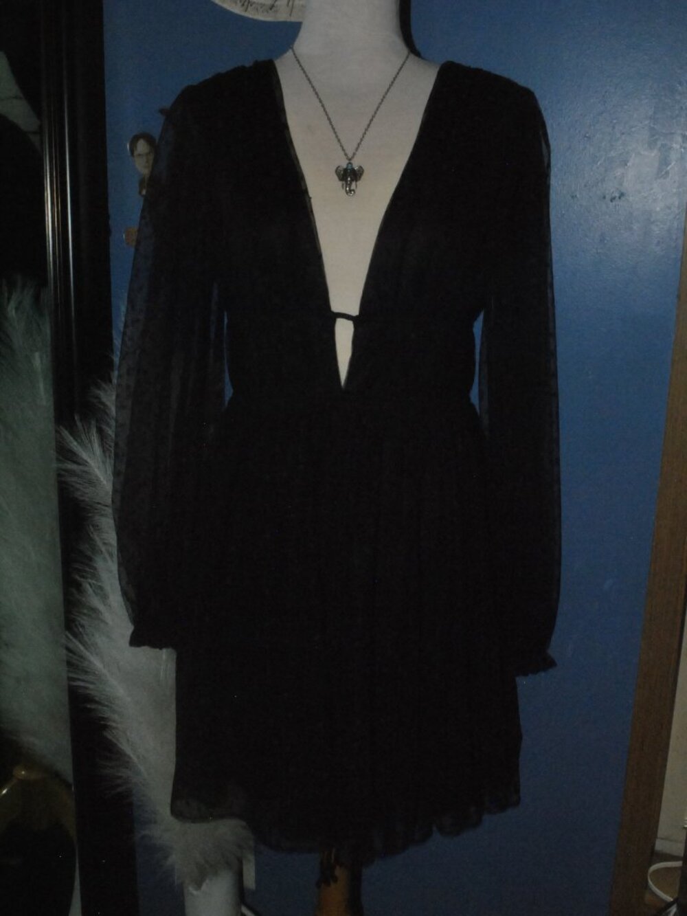 Lulus Black Swiss Dot Mesh Deep Plunge Open Back Long Sleeve Mini Dress M - Picture 4 of 9